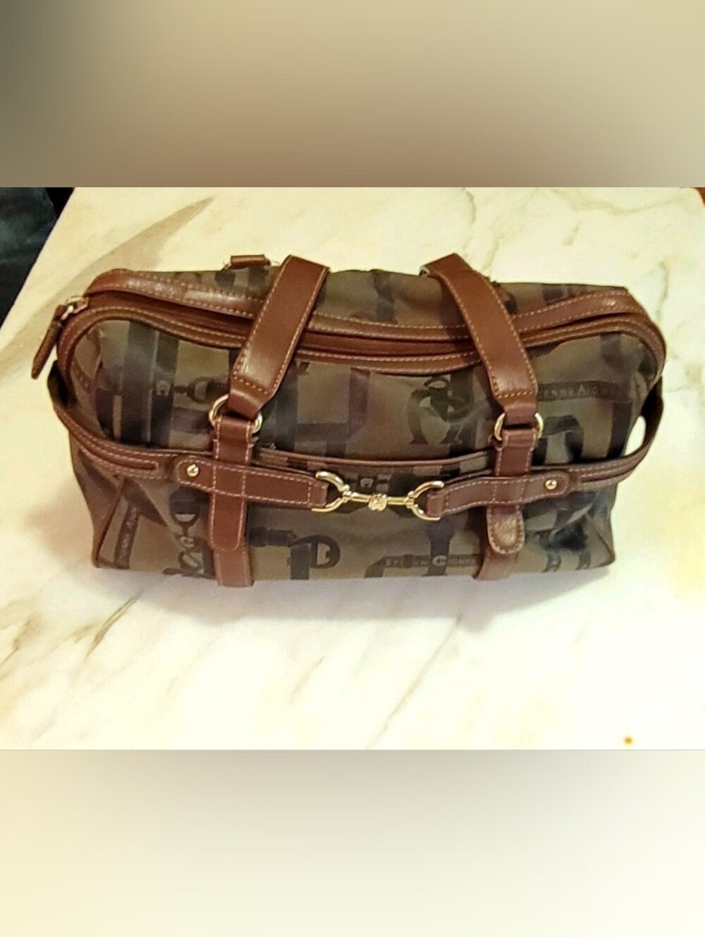 Etienne Aigner Signature Monogram Canvas Satchel Bag | Brown Trim | Gold